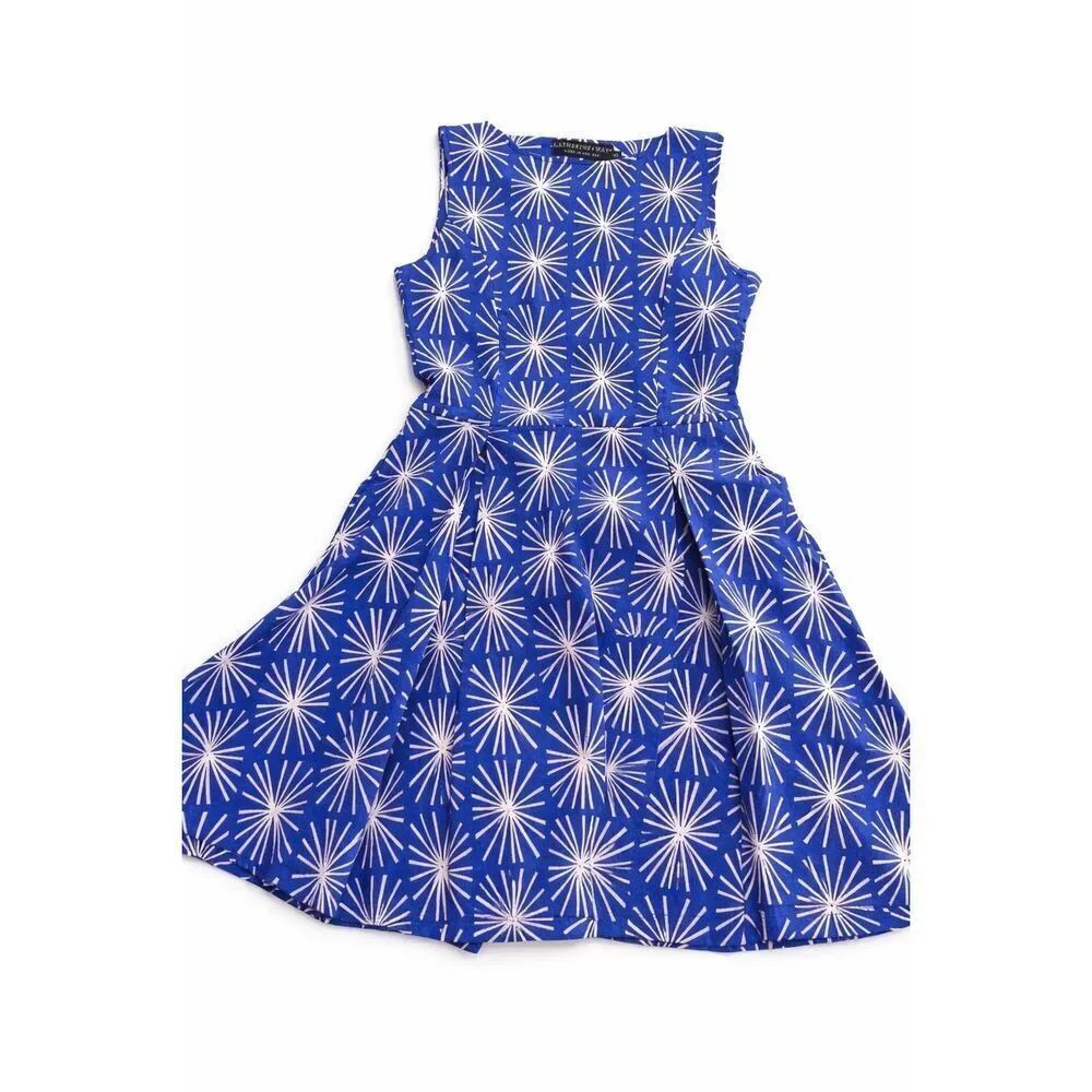 NWT Katherine Way Blue White Geometric Retro Dress Size XS New
